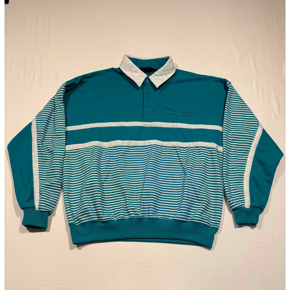 Knightsbridge Mens XL Teal Striped Long Sleeve Polo Sweatshirt Vintage Style